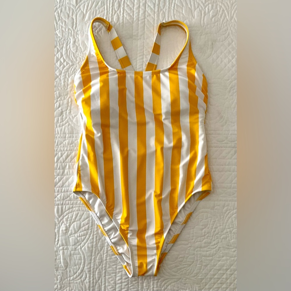 Shade & Shore Yellow and White Striped One Piece Swimsuit Cross Back Large NWOT - Picture 2 of 7